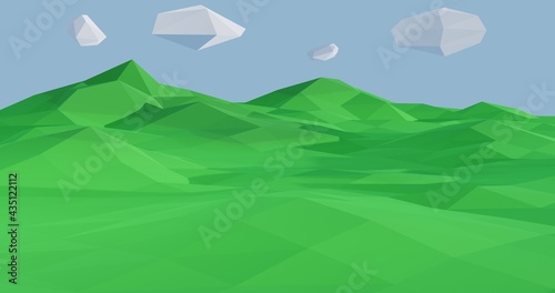 Low Poly Mountain Landscape Green Colorful Simple Shapes 3d rendering