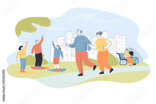 Elderly people doing sports in park. Flat vector illustration. Grandfathers and grandmothers jogging and doing fitness outdoors. Healthy lifestyle  sport  oldness concept for banner design
