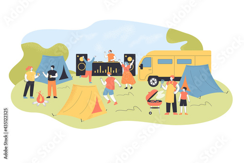People resting in nature with tents and music. Flat vector illustration. Festival in open air, musical concert with DJ and dancing, cooking men, women, children. Nature, music event, camping concept