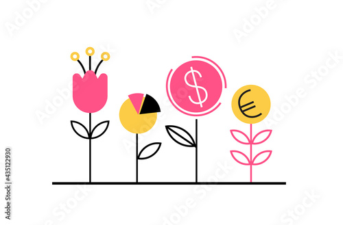 Planting the seed of the dollar, euro and financial well-being. Financial growth concept. Vector illustration in flat style
