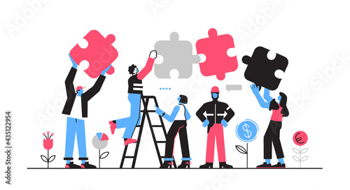 Business concept. Team metaphor. people connecting puzzle. Vector illustration flat design style. Symbol of teamwork, cooperation, partnership.