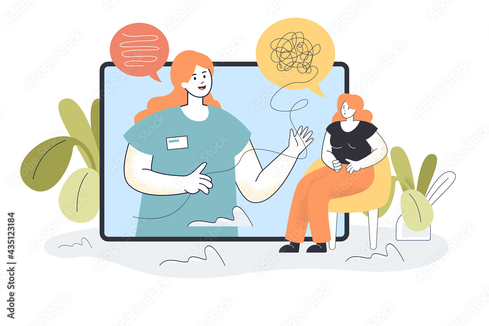 Cartoon woman getting psychological aid online. Flat vector illustration. Female character talking with psychotherapist about her troubles or traumas. Psychology, medicine, online, technology concept