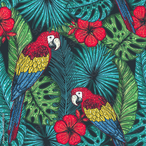 Tropical seamless pattern. Tropical design template. Parrot and palm leaves vector illustration. Summer design. Beautiful design for textiles. Jungle pattern. Print on cloth template.