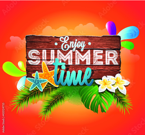 enjoy summer time, tropical leaves background premium vector