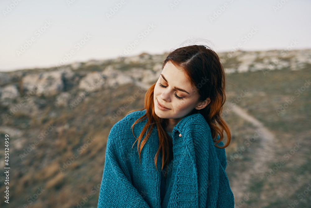 woman outdoors with plaid fresh air travel landscape woman outdoors with plaid fresh air travel landscape