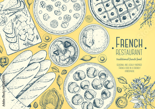 French cuisine top view frame. A set of classic French dishes with pissaladier, bakery, escargot, onion soup, quiche lorraine. Food menu design template. Hand drawn sketch vector illustration.