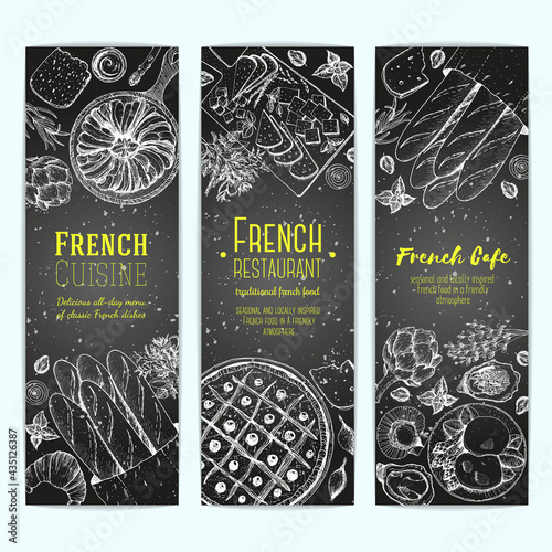 French food design template. Vertical banners set. Vector illustration with poached eggs, bakery, cheese, ratatouille, pissaladier. French Cuisine restaurant menu. Hand drawn sketch vector banners.