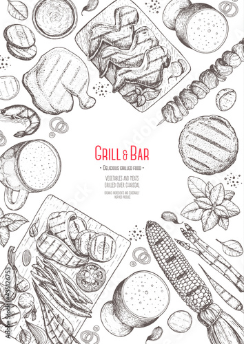 Grill and bar menu design template. Grilled meat and vegetables top view frame. Vector illustration. Engraved design. Hand drawn illustration. Pub food poster.