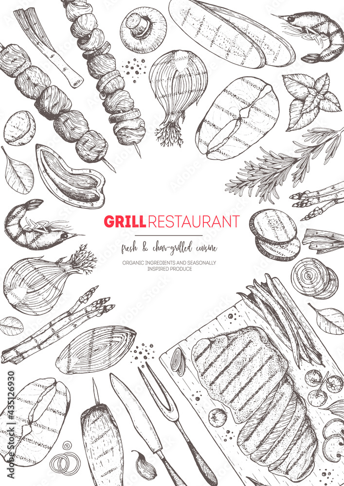Grilled meat and vegetables top view frame. Vector illustration. Engraved design. Hand drawn illustration. Grill restaurant menu design template. Grilled meat and vegetables top view frame. Vector illustration. Engraved design. Hand drawn illustration. Grill restaurant menu design template.