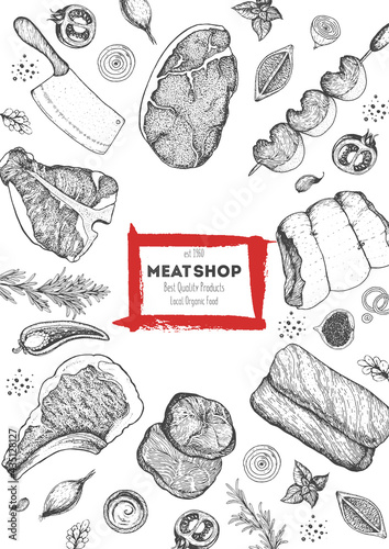 Meat top view frame. Vector illustration. Engraved design. Hand drawn illustration. Pieces of meat design template.