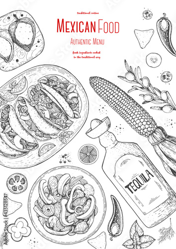 Mexican food top view frame. A set of classic mexican dishes with tacos, fajita, poblano. Food menu design template. Vintage hand drawn sketch vector illustration. Mexican cuisine engraved image.