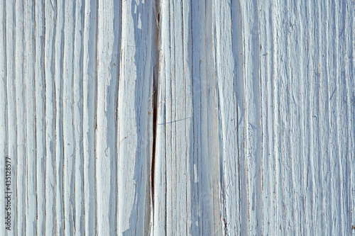 Blue dry wooden surface  cracked with age. Light pale faded paint. Natural rustic summer background  wallpaper or backdrop. Old wood. Hard sunlight with shadows. Close-up