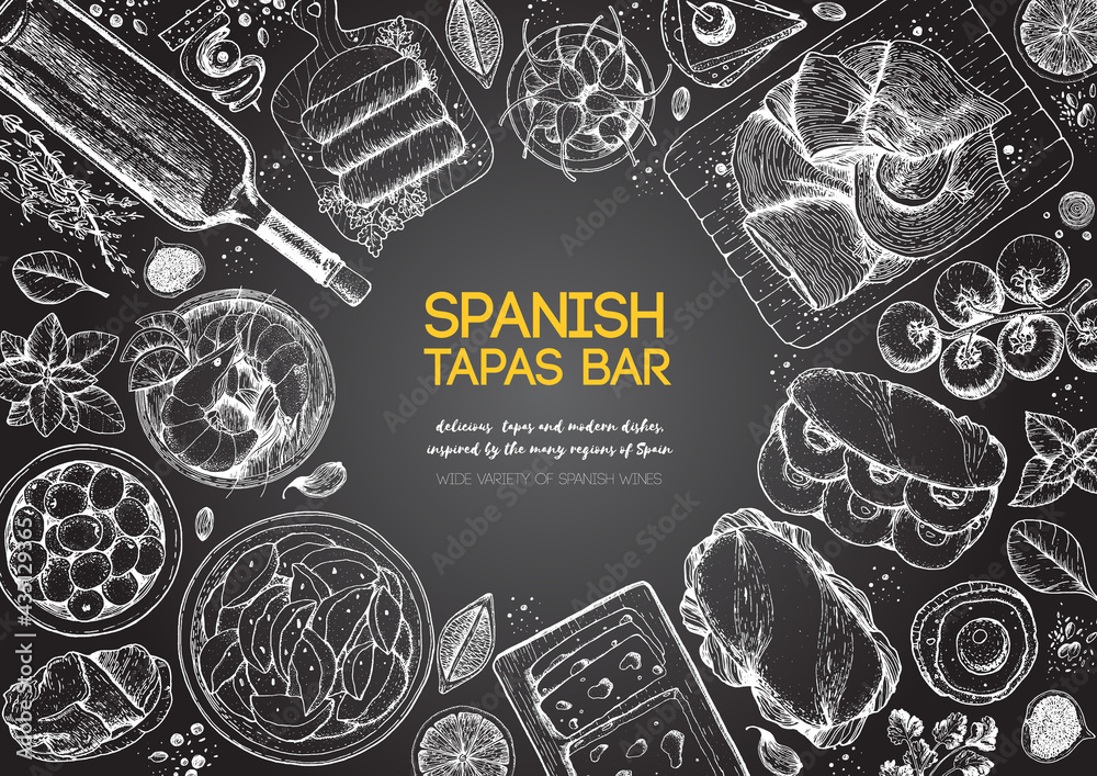 Spanish tapas, top view frame. A set of spanish dishes with bocadillo