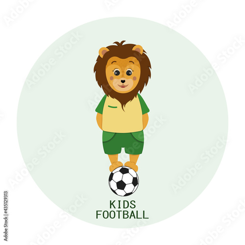 A lion on a soccer ball. Footballer. Animal character. Logo for children's soccer school, certificates, poster