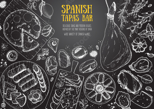 Spanish cuisine top view frame. A set of spanish dishes with hamon, tortilla, croquettes, tapas, sausages . Food menu design template. Vintage hand drawn sketch vector illustration. Engraved image