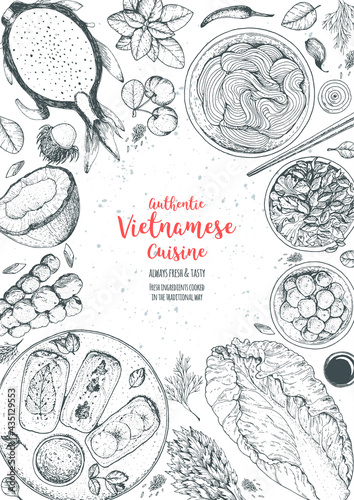 Vietnamese food top view frame. A set of vietnamese dishes with spring rolls, bun cha, fruits and vegetables . Food menu design template. Vintage hand drawn sketch vector illustration. Engraved image.