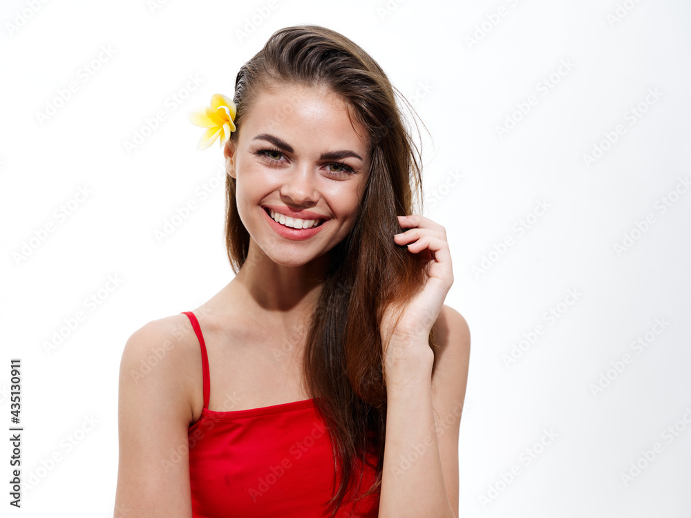 emotional woman in red t-shirt with yellow flower voices emotions model emotional woman in red t-shirt with yellow flower voices emotions model