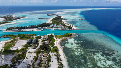 Wallpaper Mural Maldives resort island drone aerial view, Indian ocean atoll nature beach and palm forest, leisure tourist luxury vacation Torontodigital.ca