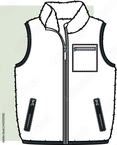 Vest jacket template. Zip-up vest flat sketch for kids. Quilted puffy vest vector. 