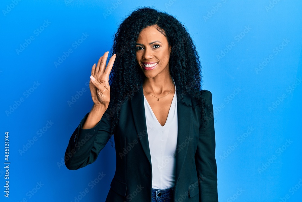 Middle age african american woman wearing business clothes showing and pointing up with fingers number four while smiling confident and happy. Middle age african american woman wearing business clothes showing and pointing up with fingers number four while smiling confident and happy.