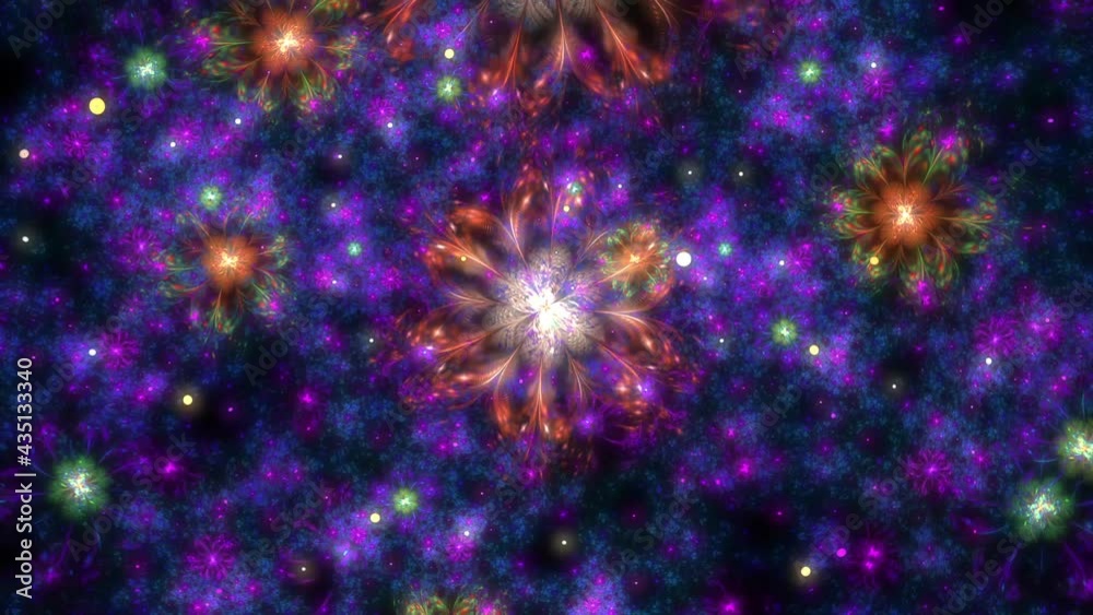 Flying revolving fractal flowers and particles. Many colors. Shiny patterns