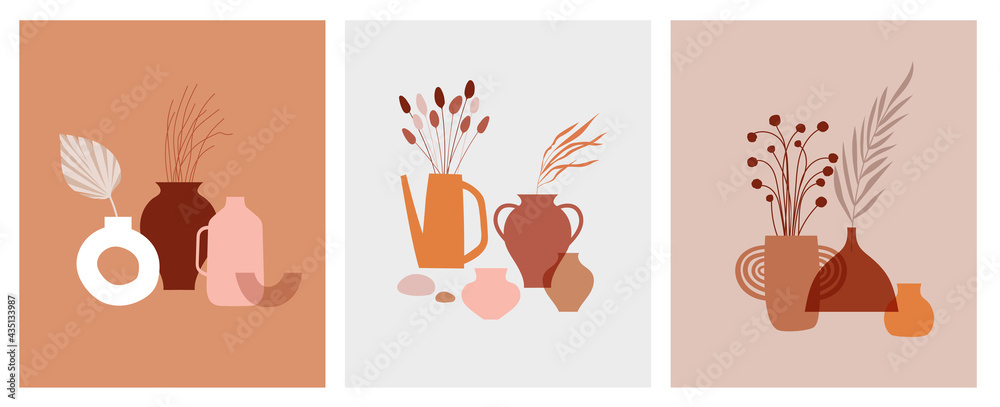Abstract bohemian art aesthetic design. Arrangements of pottery and ceramic pots, vases with dry leafs, plants, flowers. 