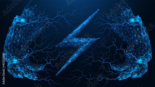 Wave lightning coming from the fingers of the hand. The sign of electricity. Polygonal construction of lines and points. Blue background.