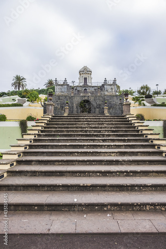 XIX century La Orotava public Victoria Gardens (Jardines Victoria): numerous water fountains, terraced gardens with colorful flowers and marble mausoleum. La Orotava, Tenerife, Canary Islands, Spain.