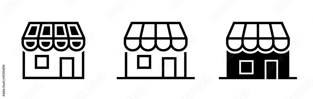 Store market icons set. Simple black shop sign in flat style. Store building for web site and mobile app. Vector illustration. Store market icons set. Simple black shop sign in flat style. Store building for web site and mobile app. Vector illustration.