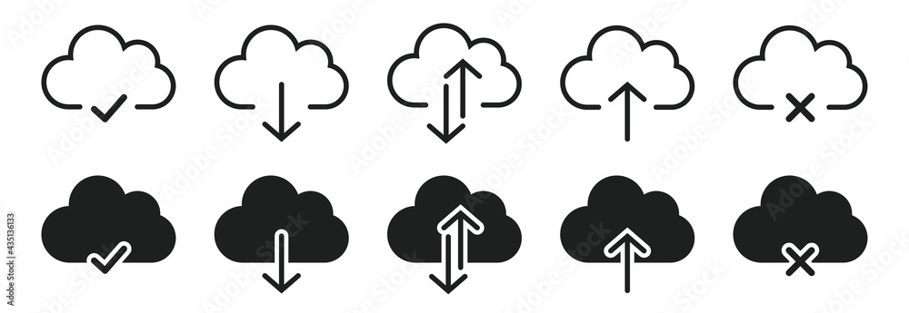 Cloud with arrow icon set. Upload and download cloud arrow vector ...