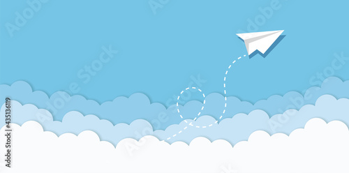 Blue sky with paper plane flying and clouds vector background. Creative carton border of clouds. Airy atmosphere stylish design. Vector illustration.	 photo