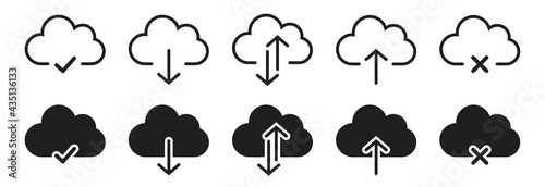 Cloud with arrow icon set. Upload and download cloud arrow vector symbols. Clouds with arrows up and down signs isolated. Vector illustration eps 10.