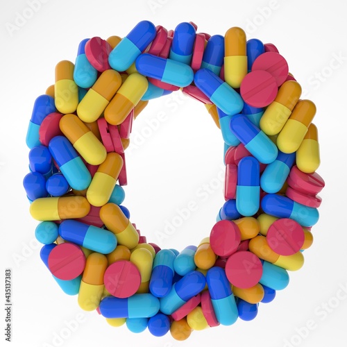 Hebrew Letter Samech made of various colorful pills and tablets. 3d illustration medical's font. isolated on white background photo