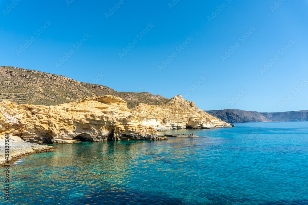 Beautiful coves on the rocks of Rodalquilar in Cabo de Gata on a beautiful summer day, Almería. Mediterranean sea, spain