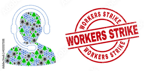 Winter pandemic mosaic radio operator, and unclean Workers Strike red round watermark. Mosaic radio operator is formed of Covid, green tree, and snow symbols.