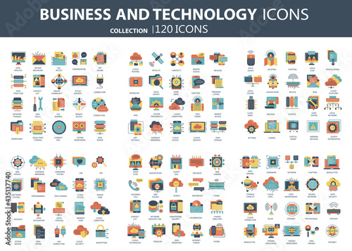 Business and marketing, programming, data management, internet connection, social network, computing, information. Icons set. Flat vector illustration 