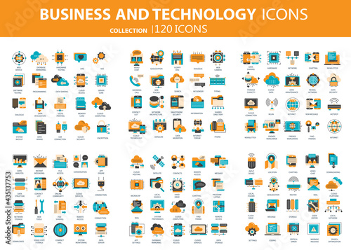 Business and marketing, programming, data management, internet connection, social network, computing, information. Icons set. Flat vector illustration	