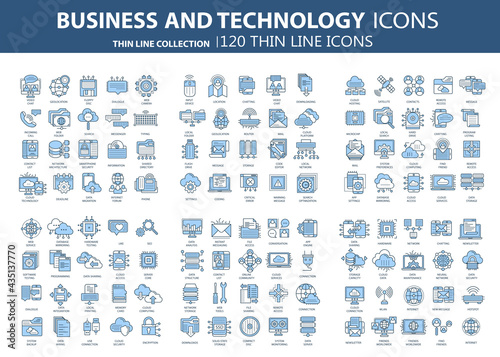 Business and marketing, programming, data management, internet connection, social network, computing, information. Icons set. Flat vector illustration 