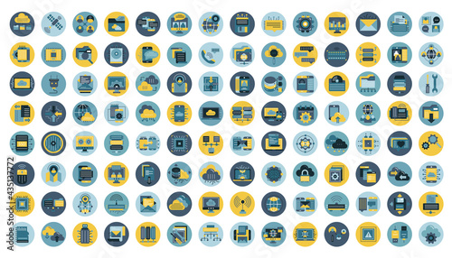 Business and marketing, programming, data management, internet connection, social network, computing, information. Icons set. Flat vector illustration	