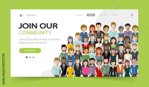 Join our community. Crowd of united people as a business or creative community standing together. Flat concept vector website template and landing page design for invitation to summit or conference