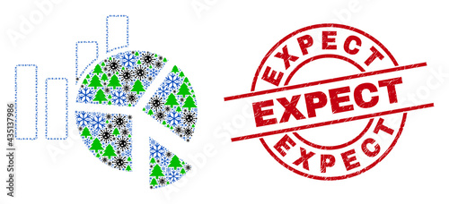 Winter Covid composition statistics charts, and unclean Expect red round stamp seal. Collage statistics charts is created of Covid-2019 virus, forest, and snow items.
