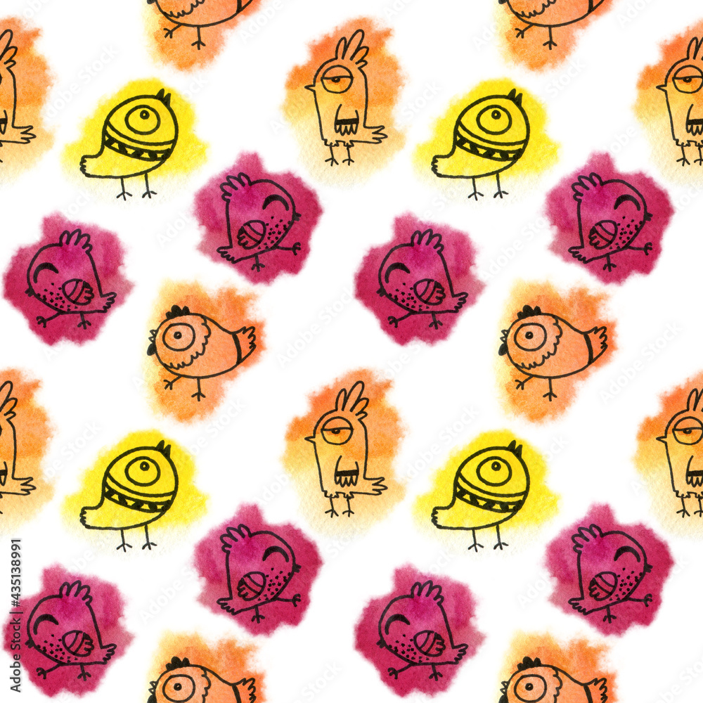 Fototapeta premium seamless watercolor pattern of multicolored doodle birds.