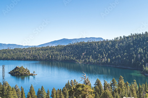 Emerald Bay  Lake Tahoe  California with view of Fannette island on clear day