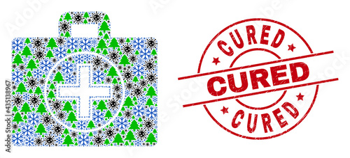 Winter Covid-2019 collage medical case, and scratched Cured red round stamp. Collage medical case is organized from Covid-2019 virus, fir-tree, and snow flake symbols.