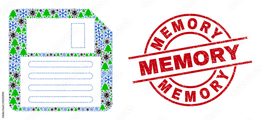 Winter Covid mosaic floppy disk, and Memory red round stamp print. Mosaic floppy disk is composed from flu virus, fir tree, and snow items. Red Memory stamp uses circles and lines. Winter Covid mosaic floppy disk, and Memory red round stamp print. Mosaic floppy disk is composed from flu virus, fir tree, and snow items. Red Memory stamp uses circles and lines.