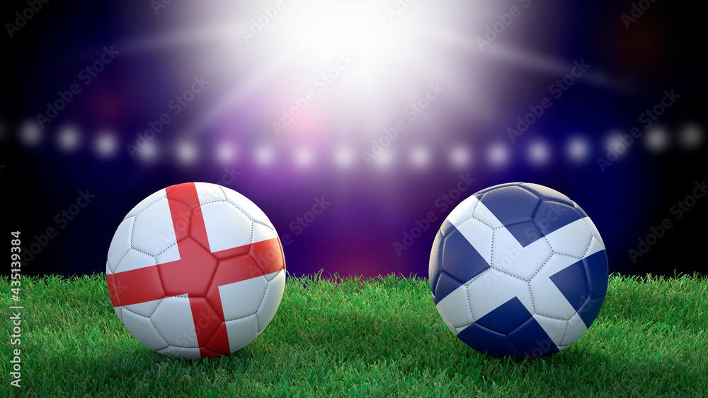 Fototapeta premium Two soccer balls in flags colors on stadium blurred background. England and Scotland. 3d image