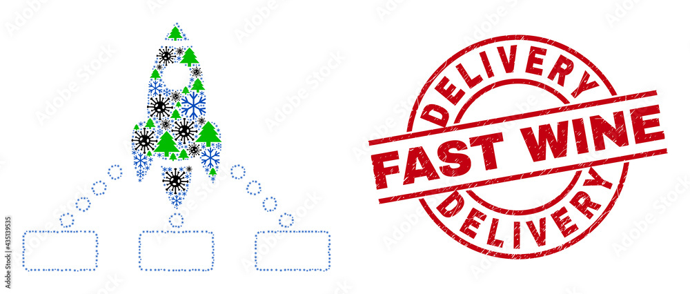 Winter coronavirus combination rocket links, and distress Delivery Fast Wine red round stamp seal. Collage rocket links is created with Corona virus, forest, and frost icons. Winter coronavirus combination rocket links, and distress Delivery Fast Wine red round stamp seal. Collage rocket links is created with Corona virus, forest, and frost icons.