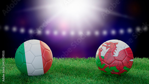 Two soccer balls in flags colors on stadium blurred background. Italy and Wales. 3d image © Sasha Strekoza