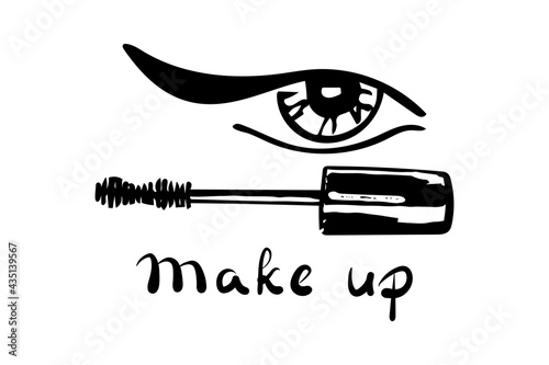 A woman's eye with a black arrow and a mascara brush. Make Up lettering. Vector illustration. Hand drawn icon and symbol for logo, t-shirt design, textile, for makeup artist.