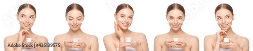 Collection of 5 woman beauty portraits with face cream jar. Skin care set isolated on white background